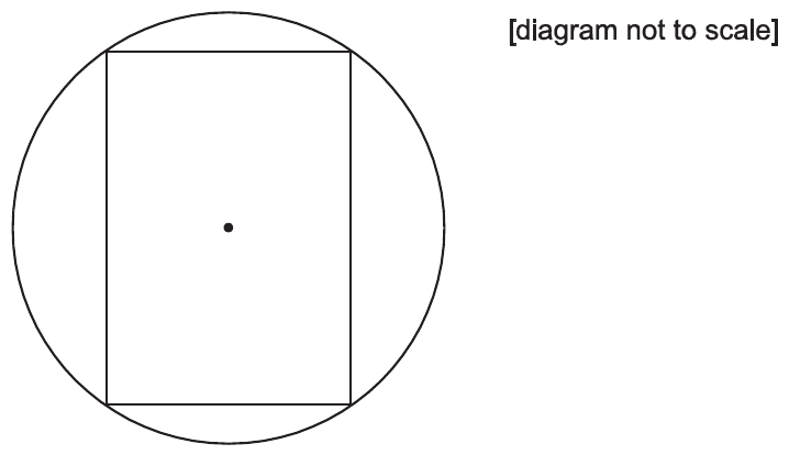 Cross-sectional diagram (not to scale) showing a circle (the sphere's cross-section) of radius 5 cm with a rectangle inscribed inside it (the cylinder's cross-section). The centre of the circle is marked with a dot. The rectangle's top and bottom edges are chords of the circle, and its four corners touch the circle, illustrating that both circular ends of the cylinder lie on the sphere.