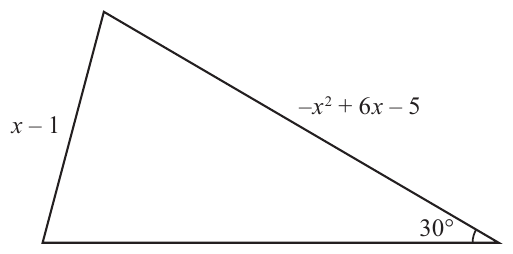 A triangle diagram showing two sides labelled $x - 1$ (left side, nearly vertical) and $-x^2 + 6x - 5$ (slanted right side going from the apex down to the bottom-right). The bottom-right angle is labelled $30^\circ$. The $30^\circ$ angle is between the base (unlabelled horizontal bottom side) and the side of length $-x^2 + 6x - 5$. The side $x - 1$ is opposite the $30^\circ$ angle. This is the classic ambiguous-case setup (SSA).