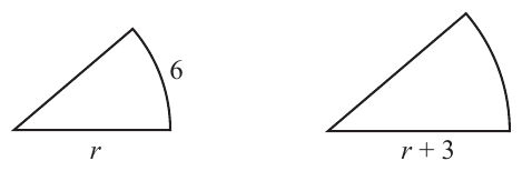 Two sector diagrams side by side. The left sector has radius labelled $r$ on both straight edges and arc length $6$ labelled on the arc. The right sector has radius labelled $r+3$ on both straight edges. Both sectors are similar (same angle). The diagram serves to illustrate the geometry; all numerical information is given in the text.