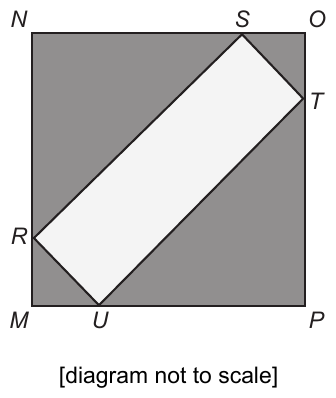 A square MNOP with vertices labelled: N at top-left, O at top-right, P at bottom-right, M at bottom-left. Inside the square, a tilted rectangle RSTU is drawn with its four vertices lying on the four sides of the square: R on the left side MN, S on the top side NO, T on the right side OP, U on the bottom side MP. The region outside the rectangle but inside the square is shaded grey, making a pattern of four shaded right-triangular corners. A label reads 'diagram not to scale'.